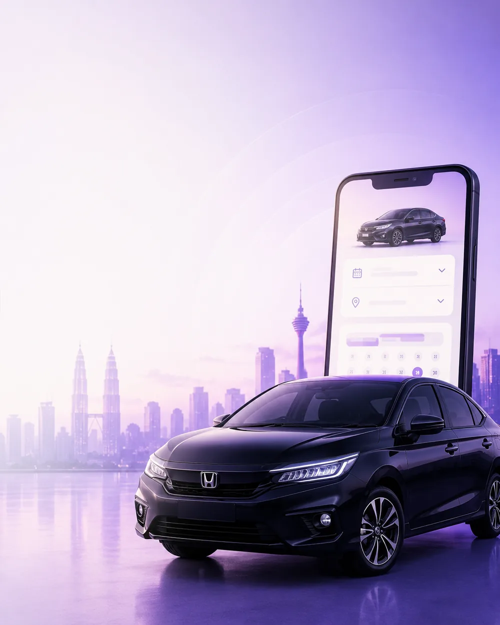 WhatsApp booking conversation alongside a black Perodua Axia